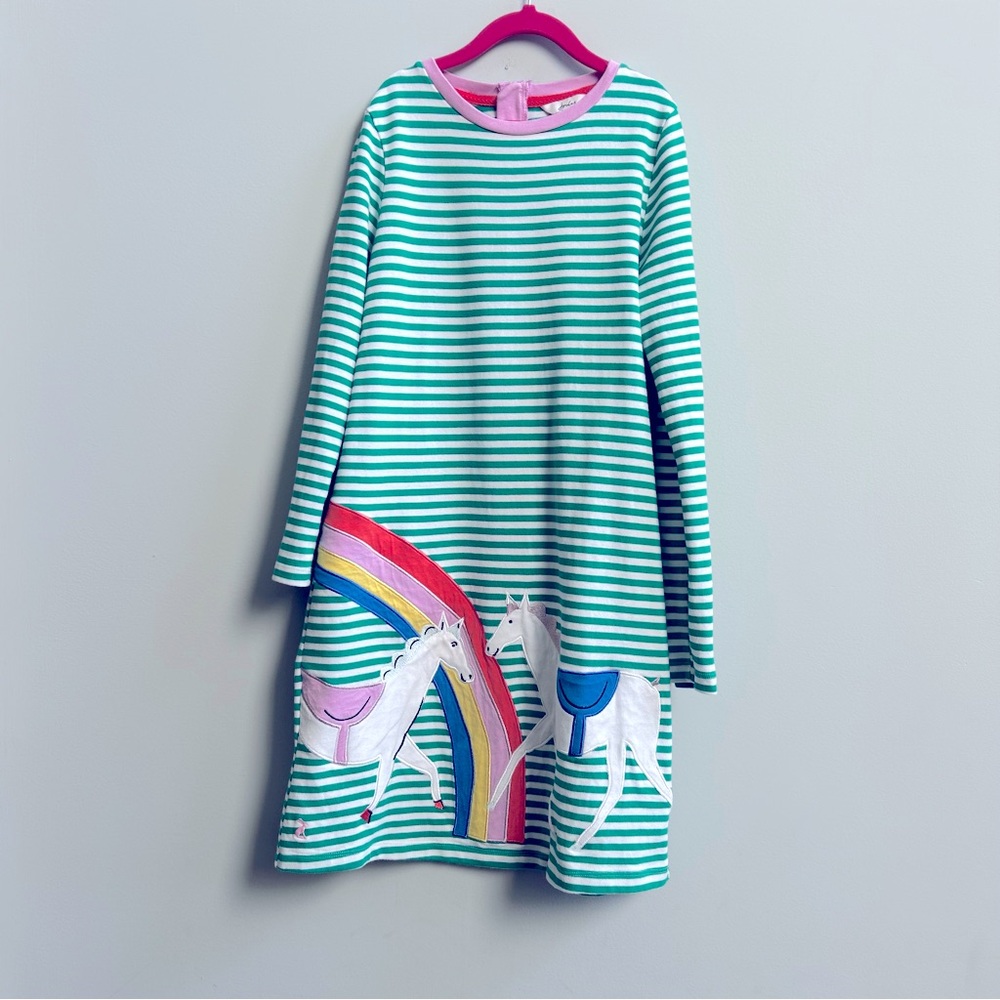 Joules Rosalee A-Line Horse & Rainbow Green Striped Long Sleeve Dress Size 12Y